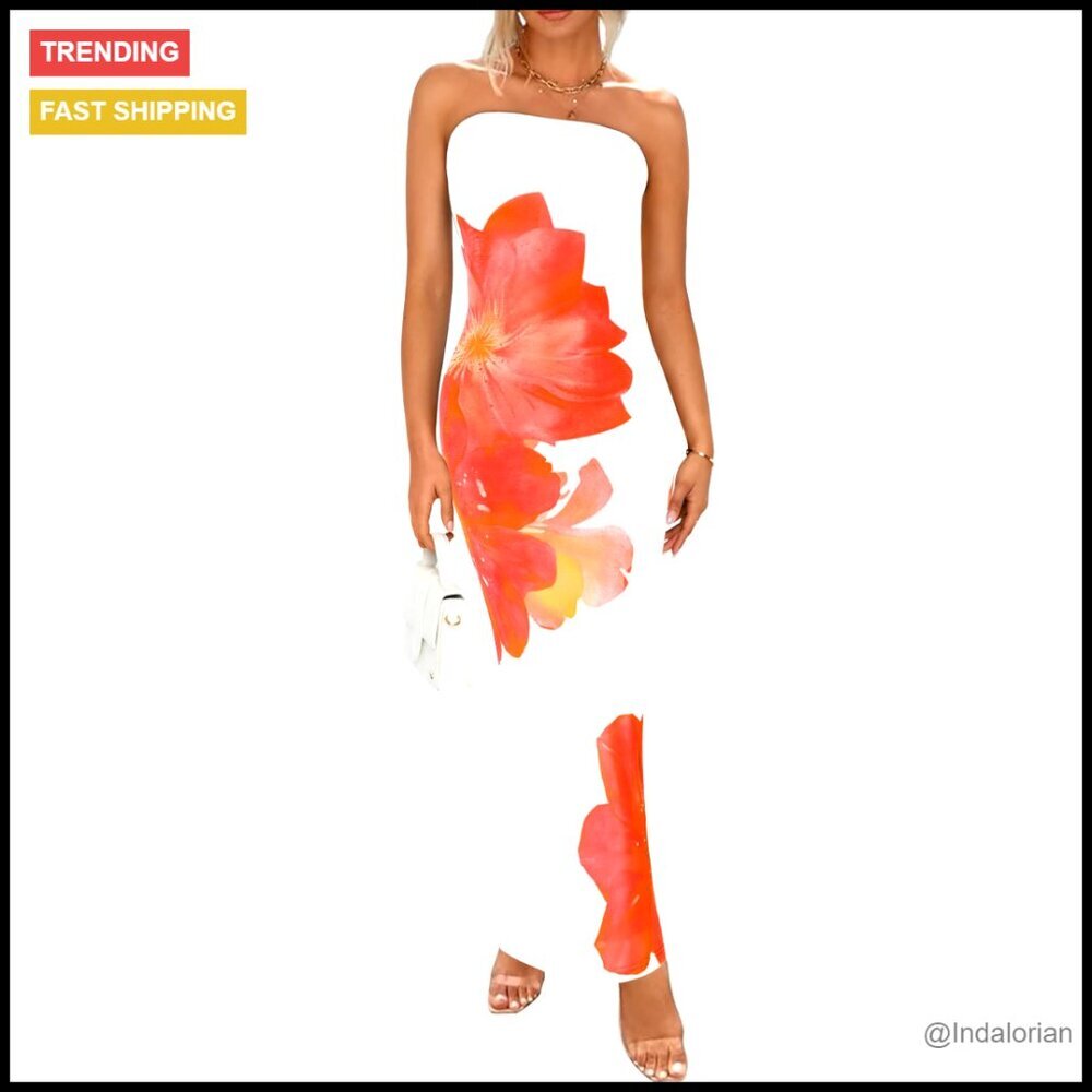 Strapless Maxi Dress Bodycon Floral Mesh Formal Cocktail Elegant Wedding Guest